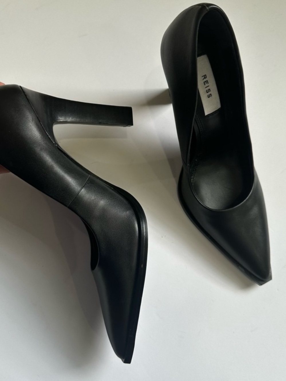 Reiss Black Pointed Leather Stiletto Heels - Picture 9 of 10